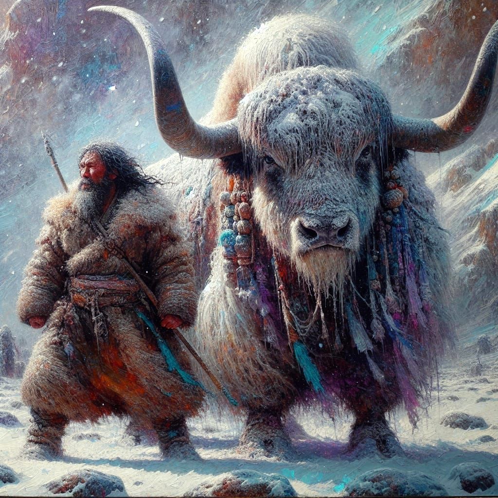 Mongolian Warrior and Yak in Snowy Landscape as Oil Painting