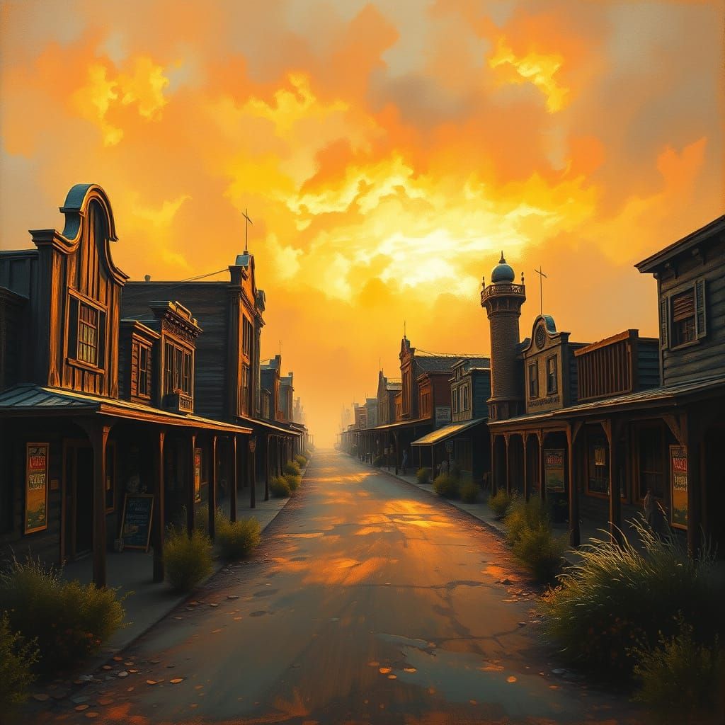 Golden Hour in Old West Town: Charcoal Gouache Style