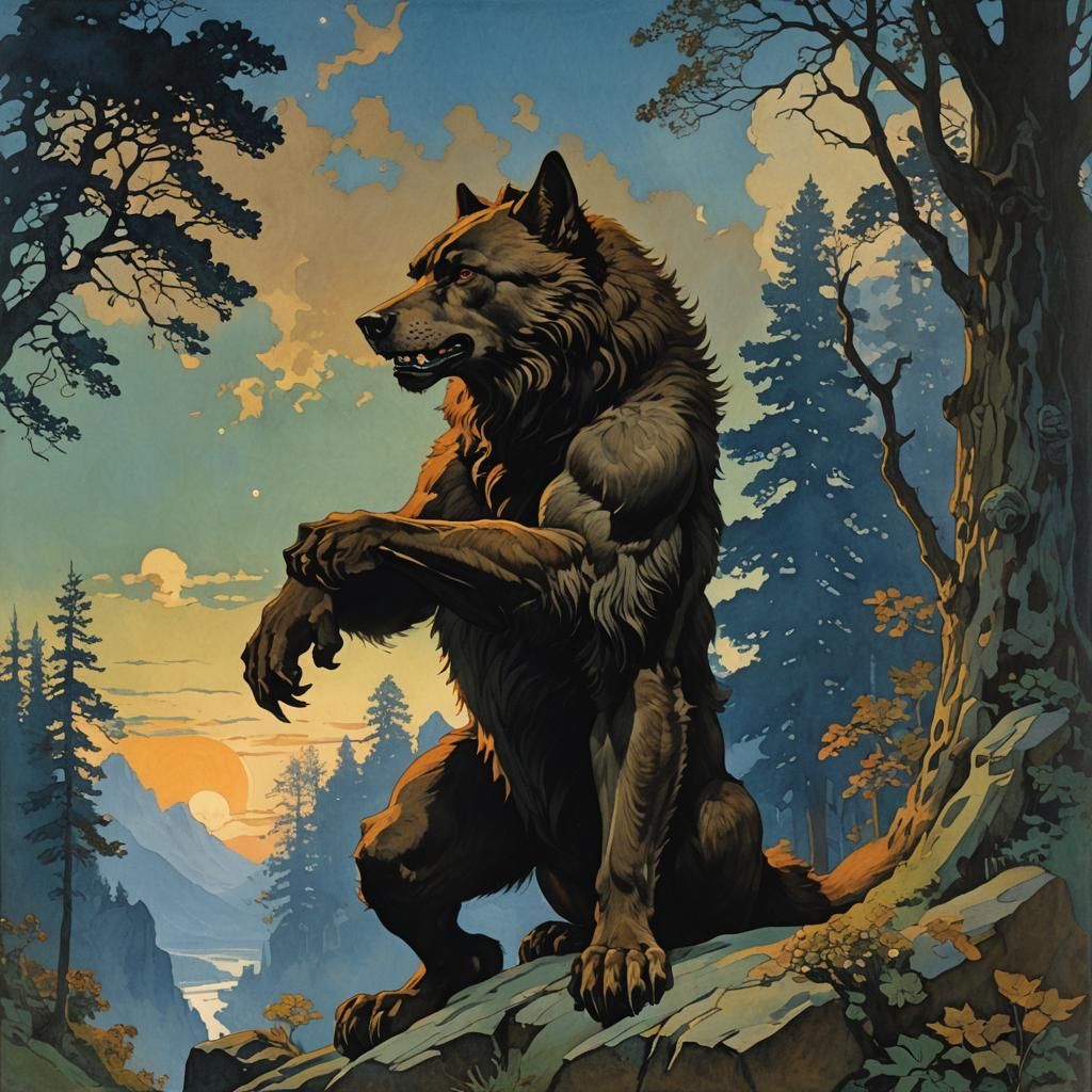 Werewolf at Dawn: Effulgent Gouache Illustration