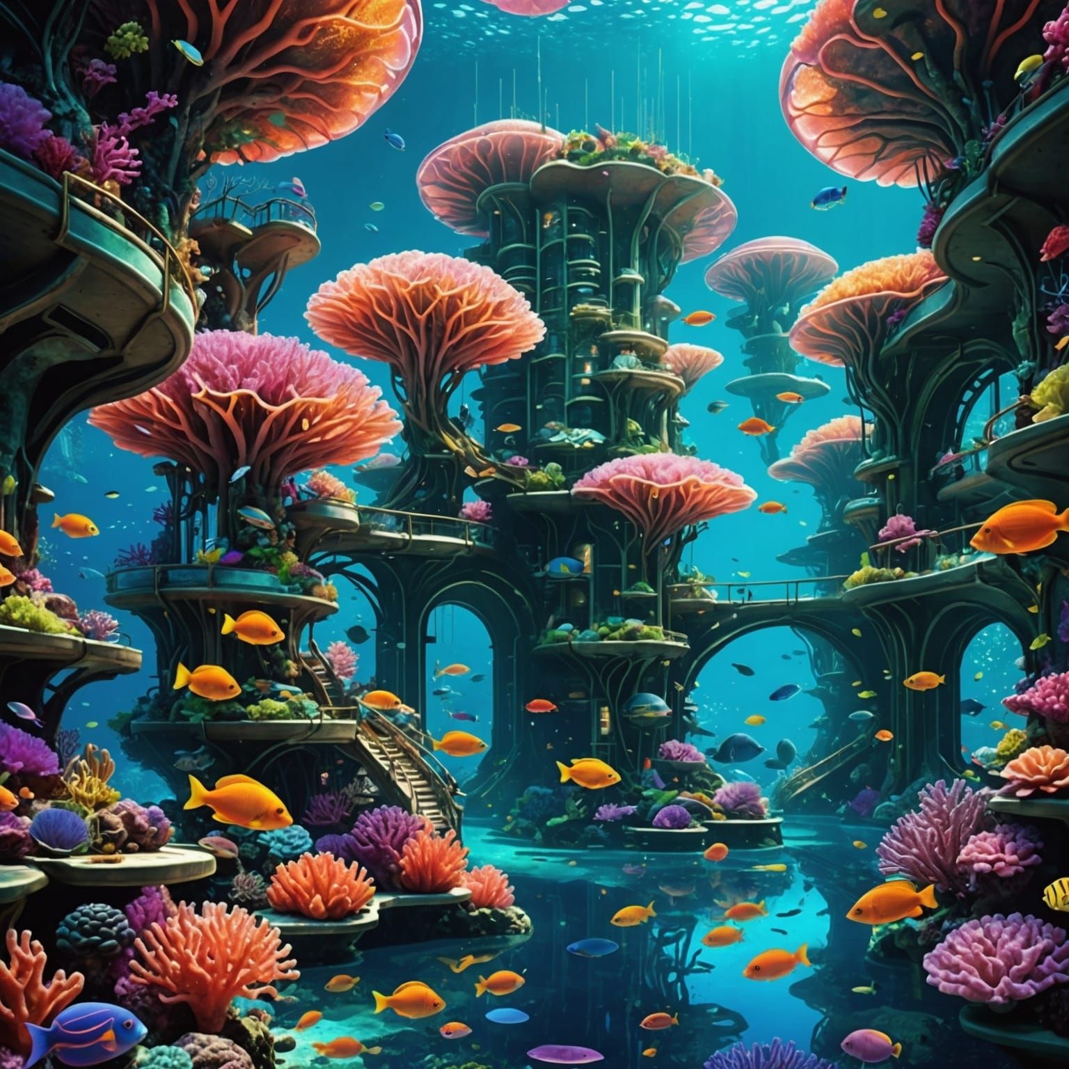 Futuristic Underwater City in Neon Coral Reef