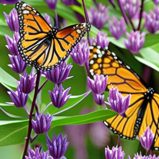 Monarch Butterflies and Purple Milkweed Flowers