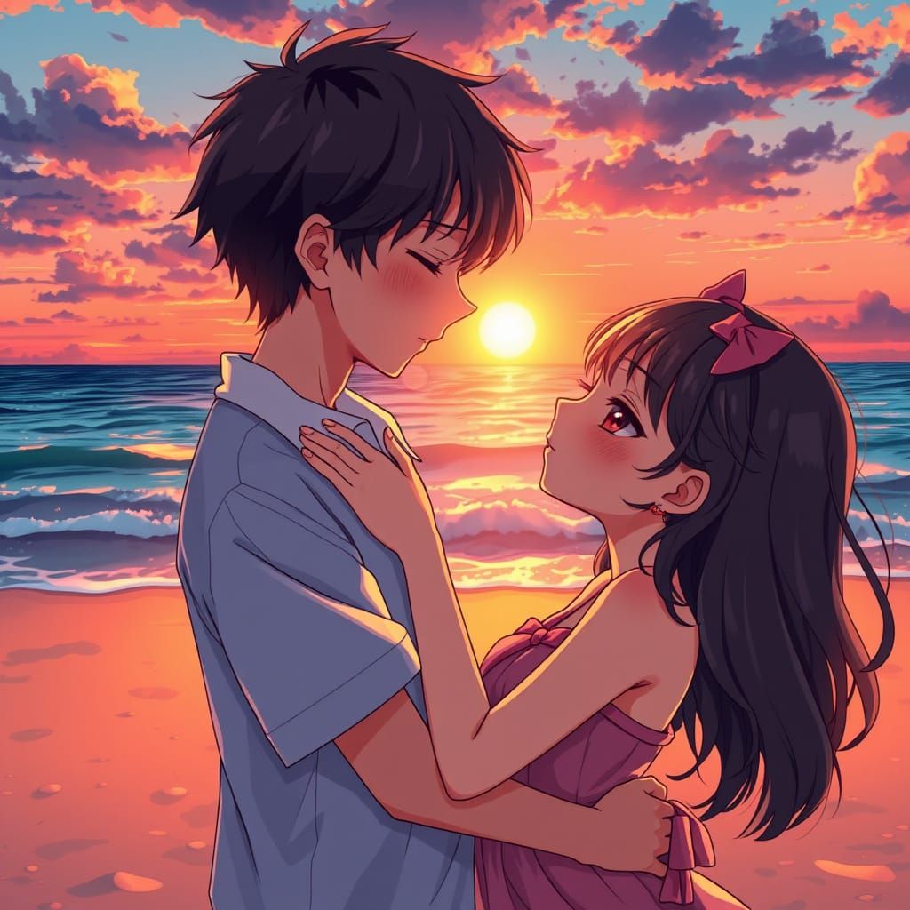 Anime Boy Kissing Girl on Beach at Sunset