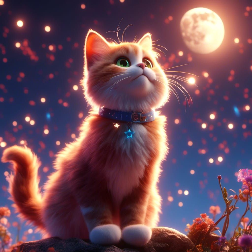 Fluffy Cat Gazing at the Moon in Pixar Style