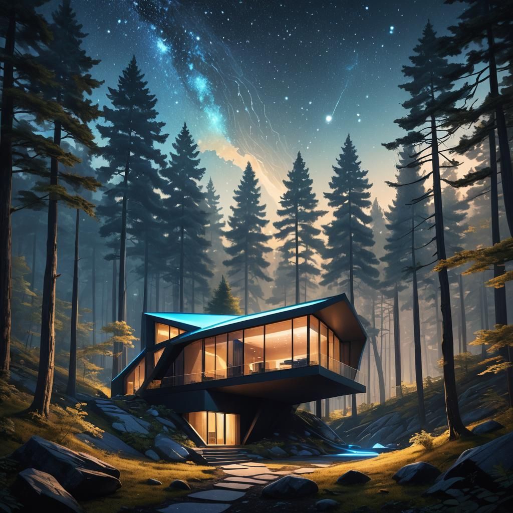 Angular Mountain Cottage in Starry Night Sky