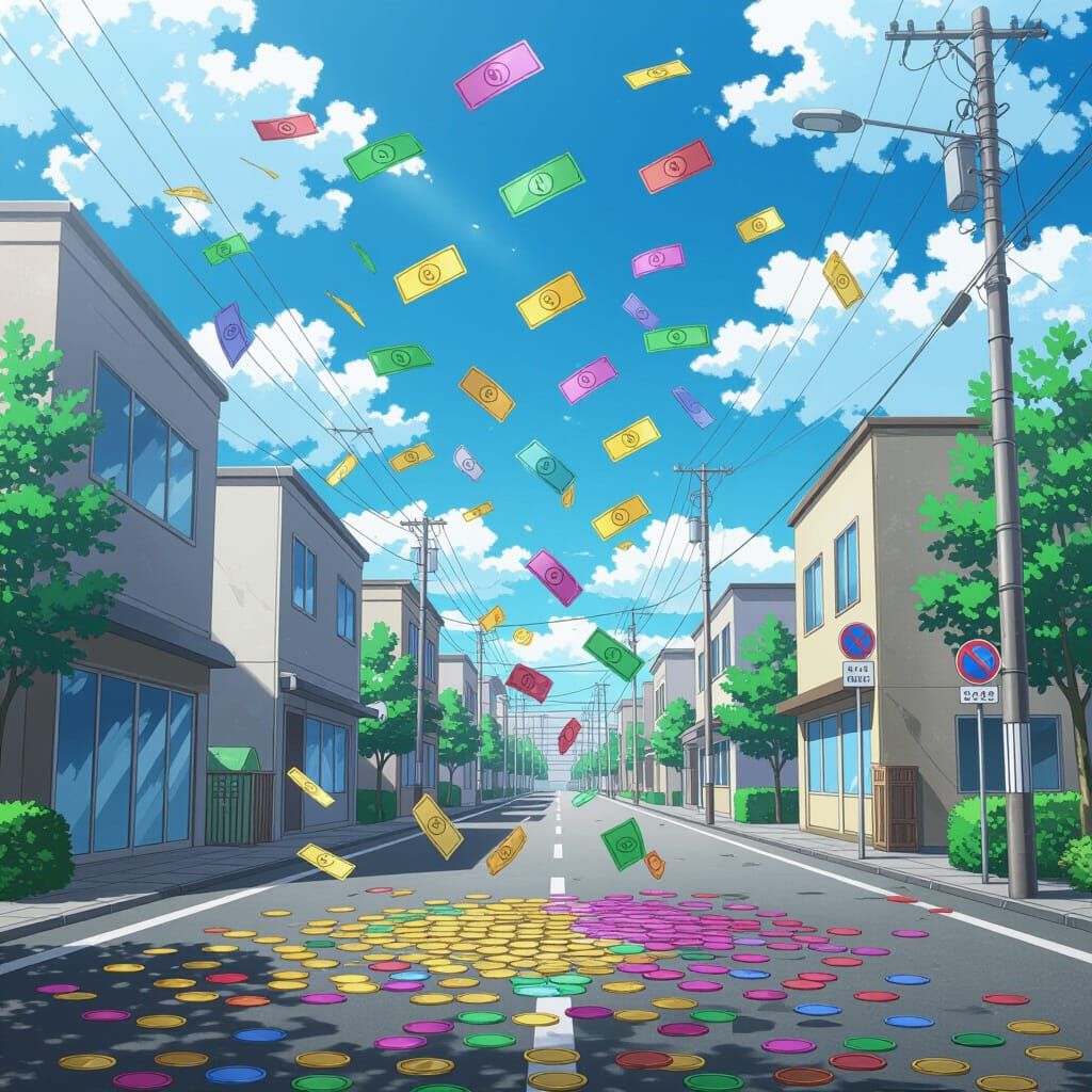 Colorful Metallic Money Falling Down Street in Anime Style