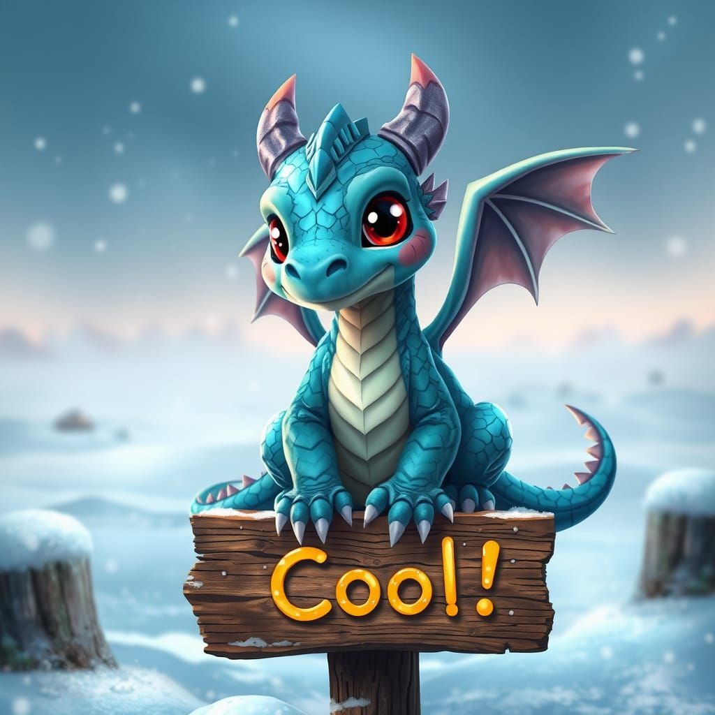 Surreal Winter Dragon Sits on Frosty Sign