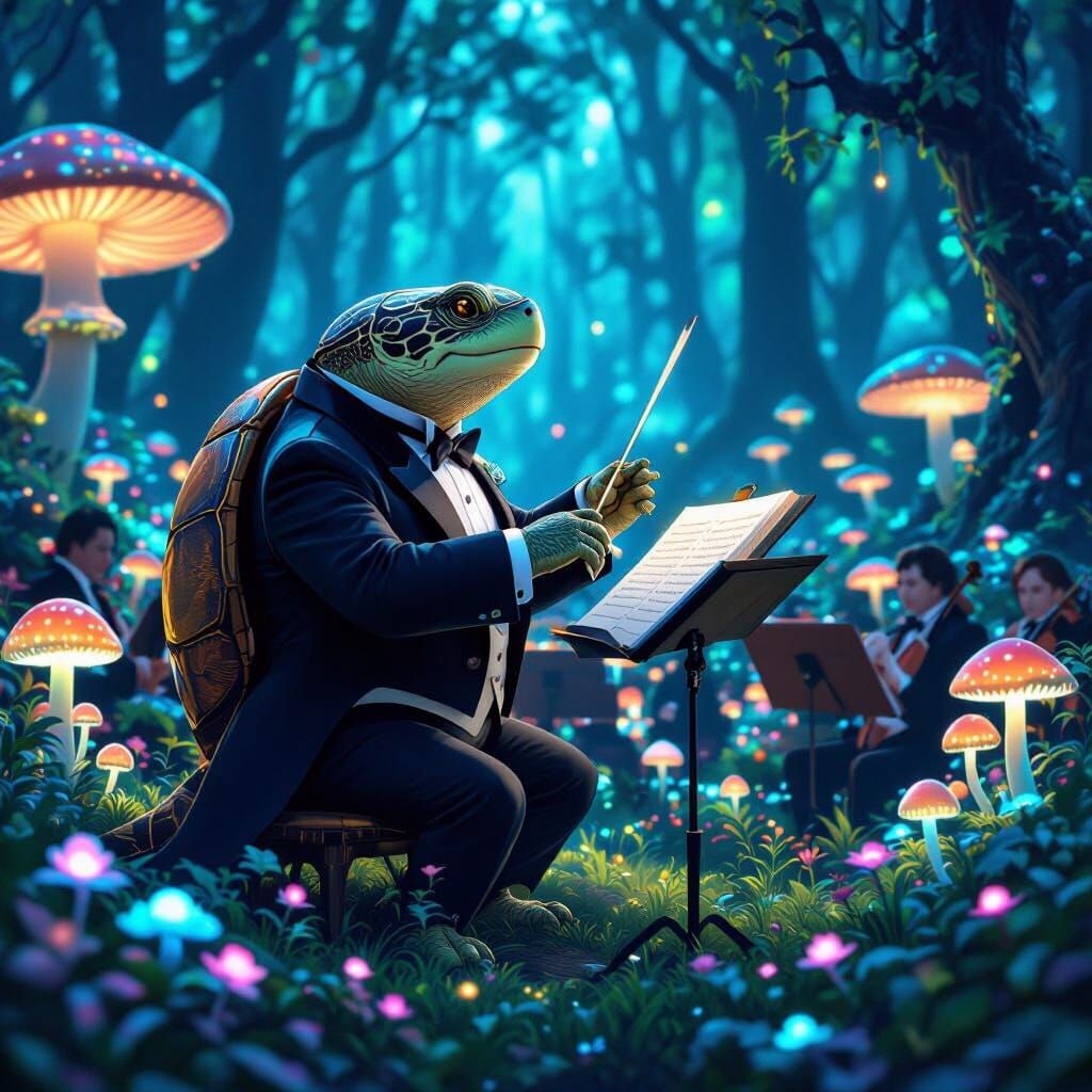 Bioluminescent Forest Symphony Conducted by Turtle