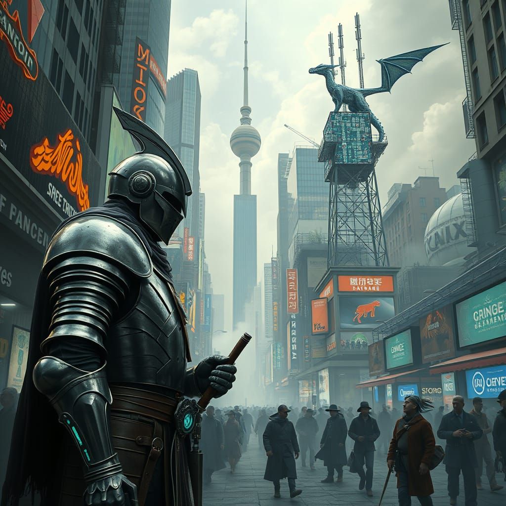 Medieval Knight in Cyberpunk Marketplace with Dragon