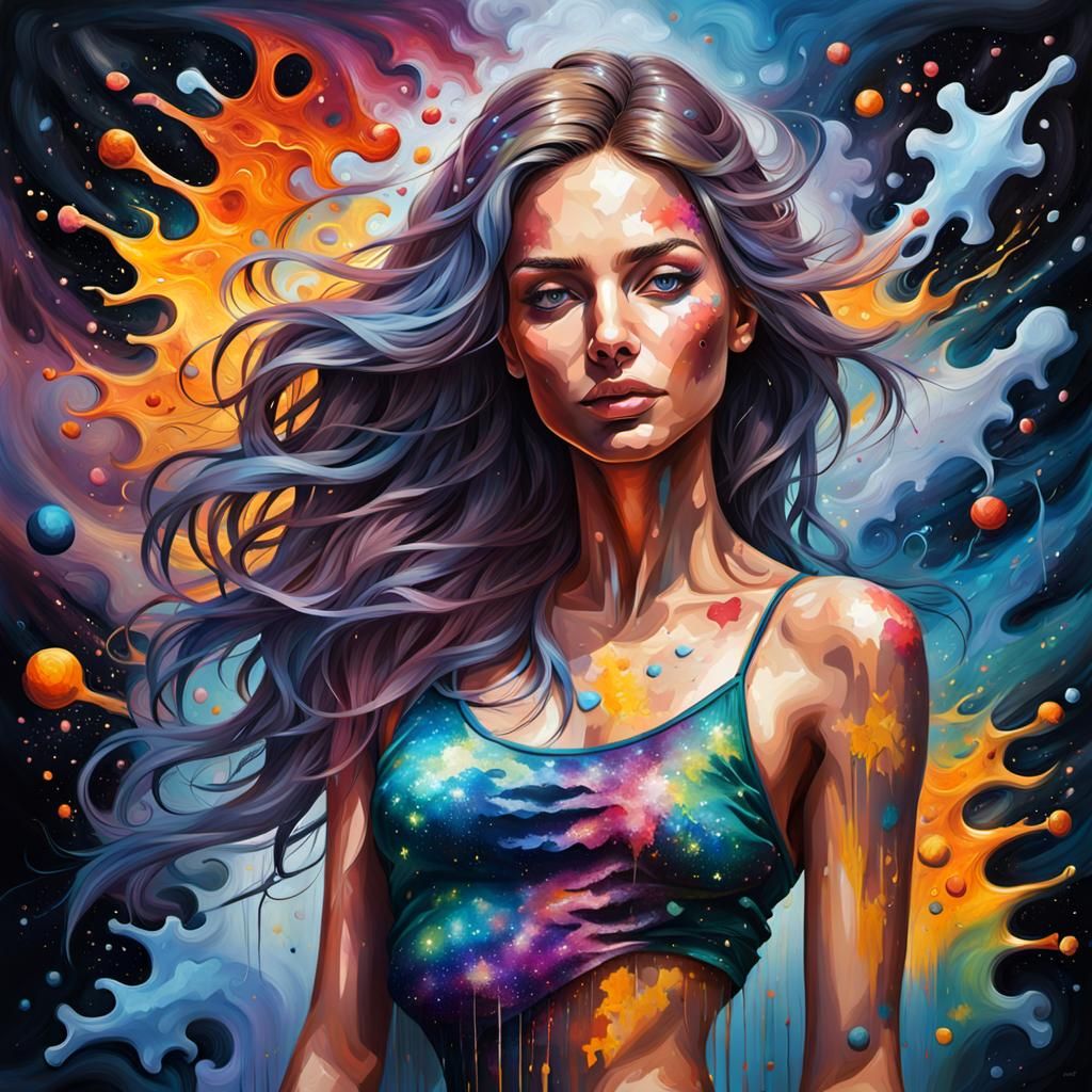 Cosmic Woman: Detailed Oil Painting in Splash Art Style