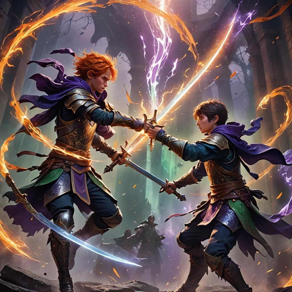 Boys Clash Swords in Fantasy Battle Concept Art