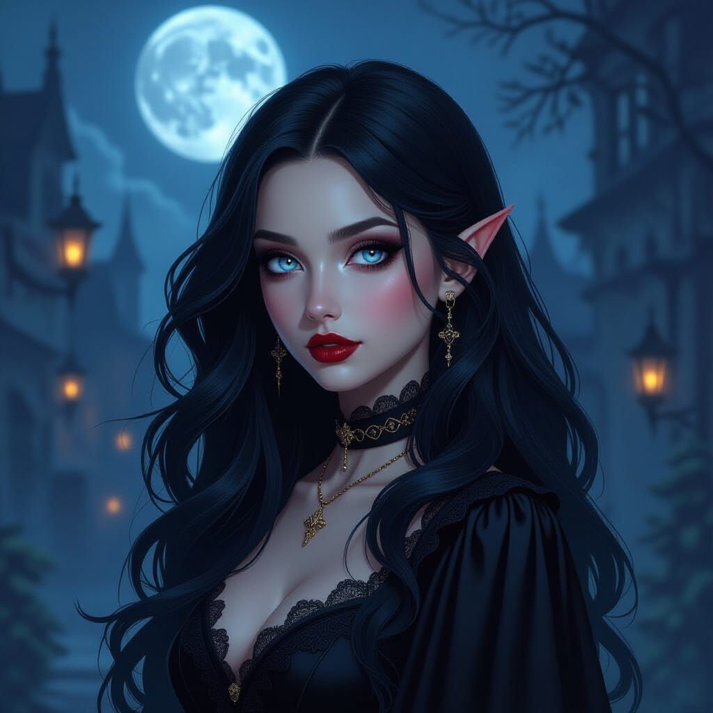 Ethereal Raven-Haired Elven Girl in Dark Fantasy Style