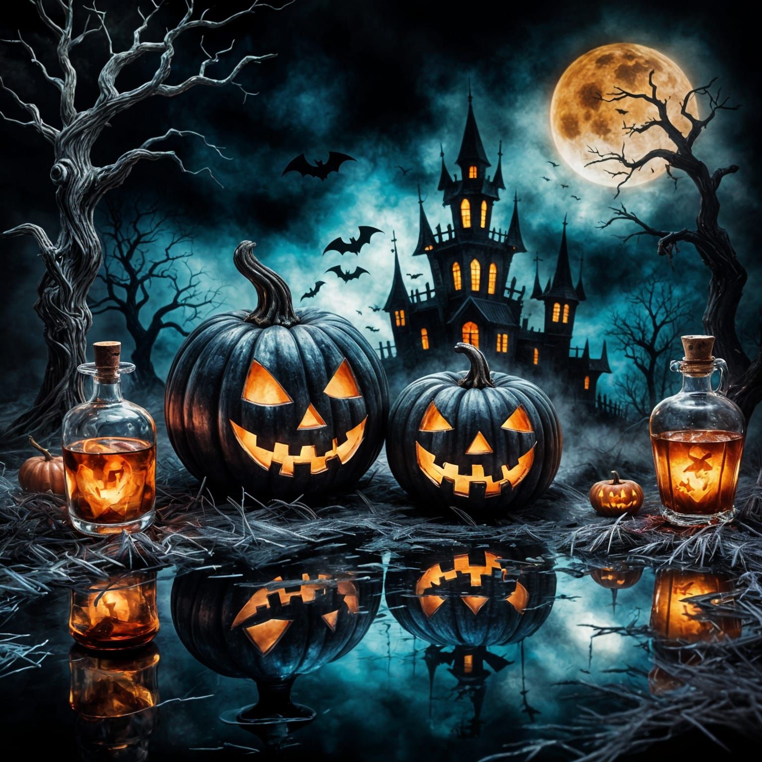 Mysterious Dark Halloween Scene in Alcohol Ink