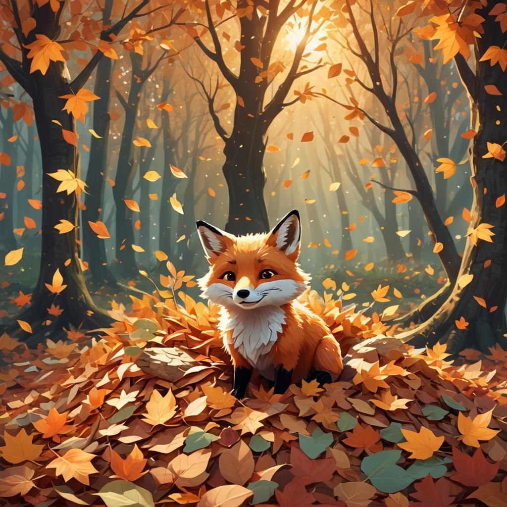Cute Fox Buried in Autumn Leaves