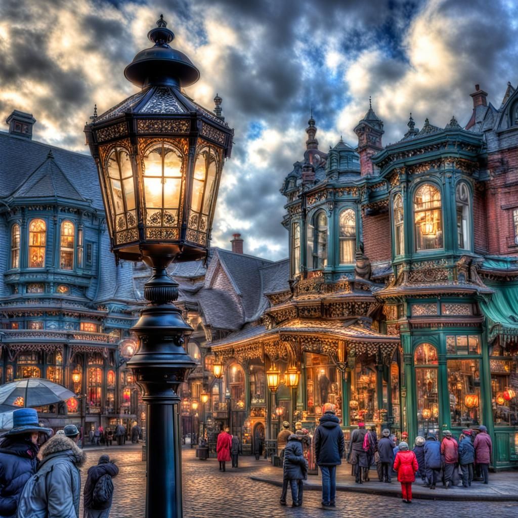 Victorian Street Scene Illuminated by Gaslight