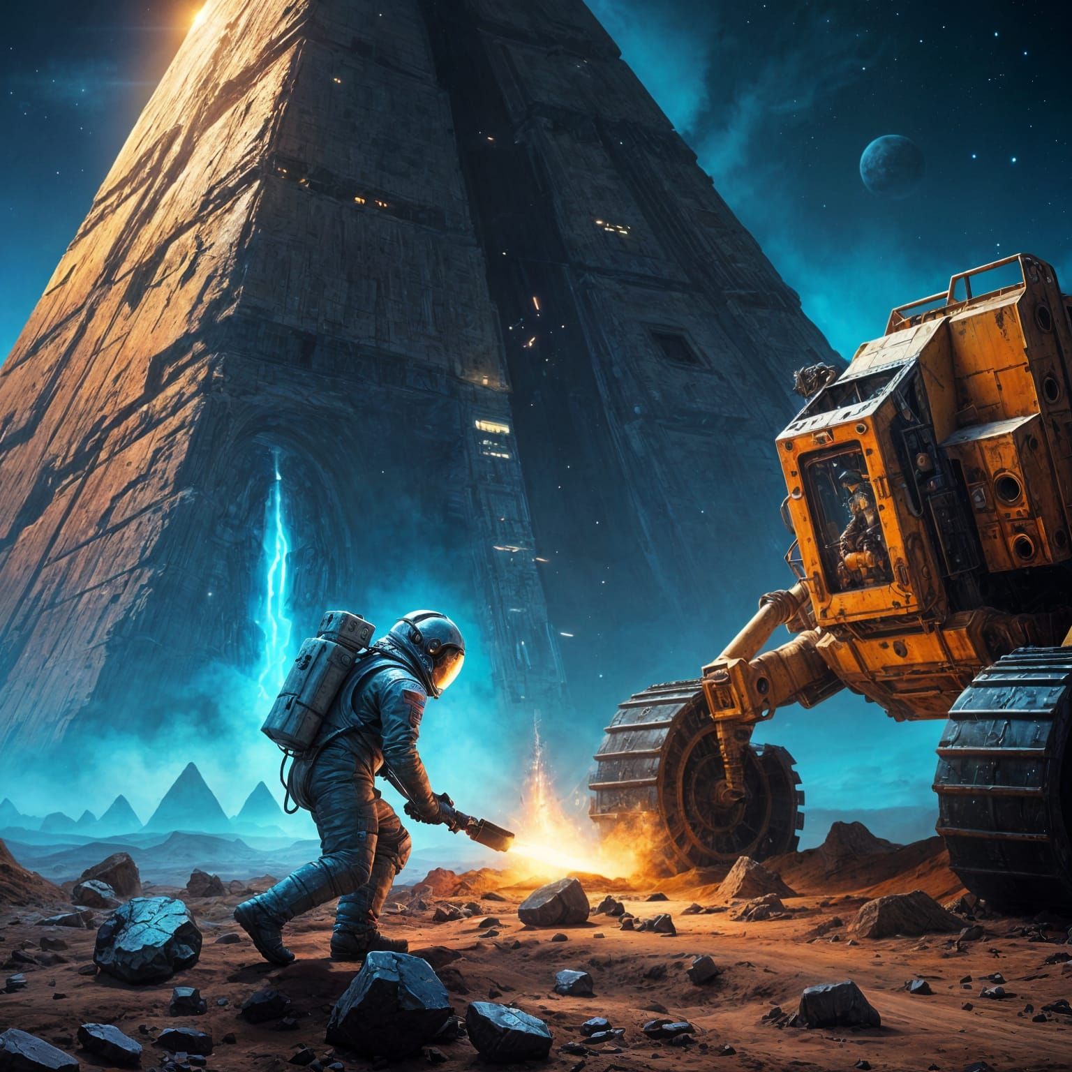 Astronaut Digging for Glowing Pyramid, Airbrushed Painting