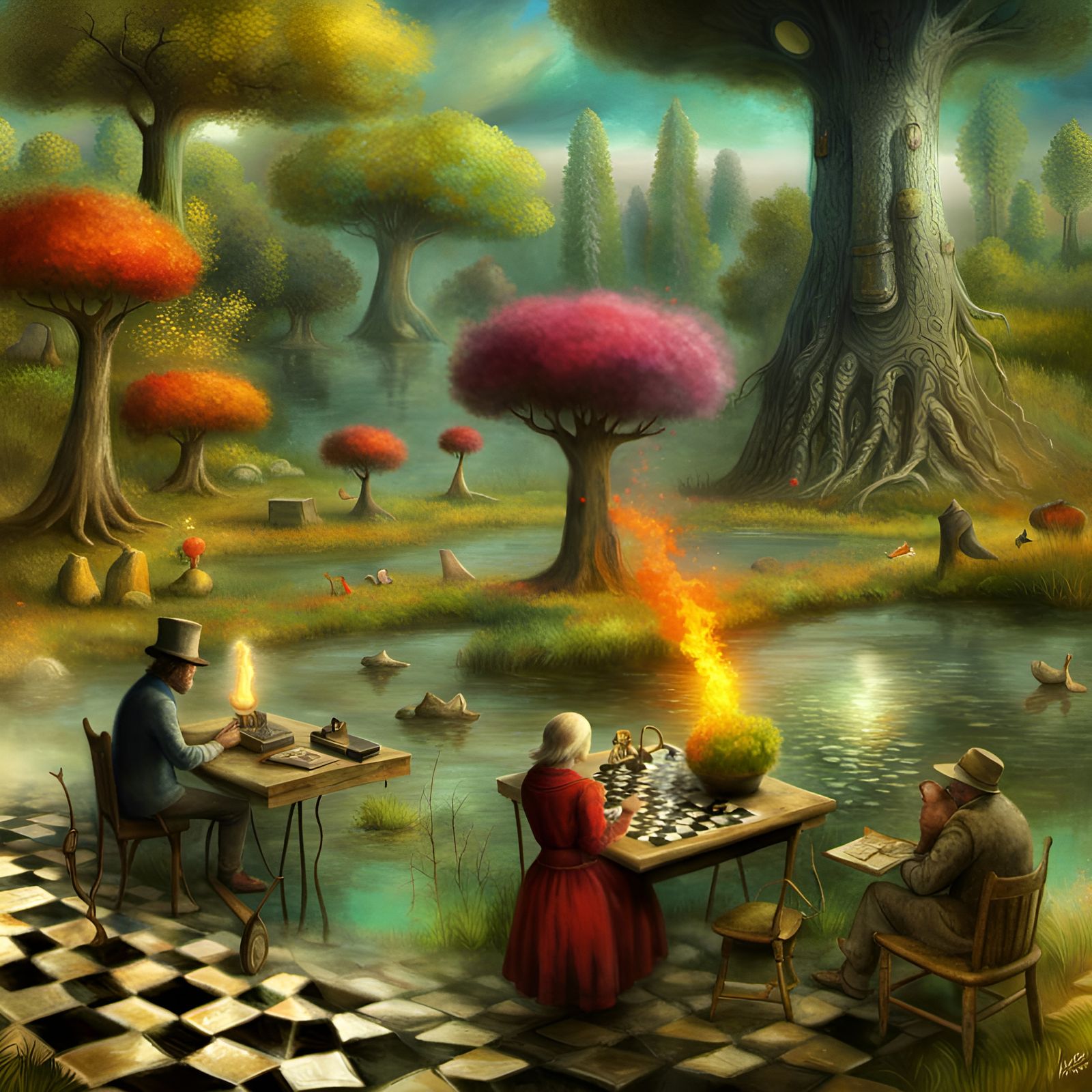 Magical Realism Scene with Checkers and Erupting Pond