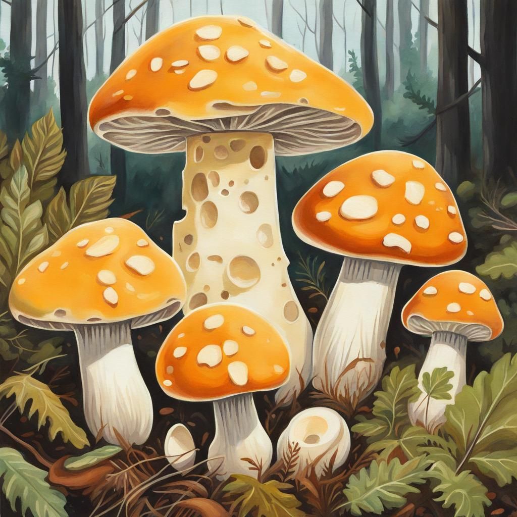 Cheese Mushrooms in Forest: Gouache Detailed Painting