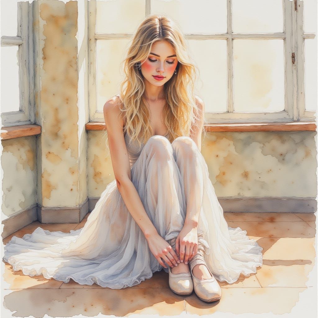 Ballerina Tying Shoes in Studio, Watercolor and Oil Style