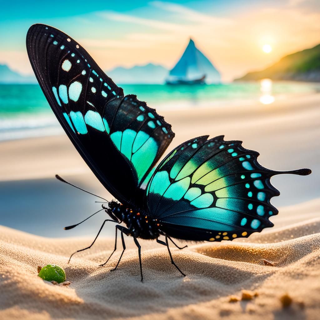 Black Butterfly on Beach with Turquoise Swirls