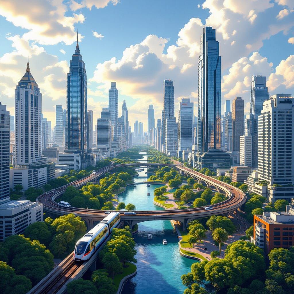 Futuristic Bangkok Cityscape with Central Park, Matte Painti...
