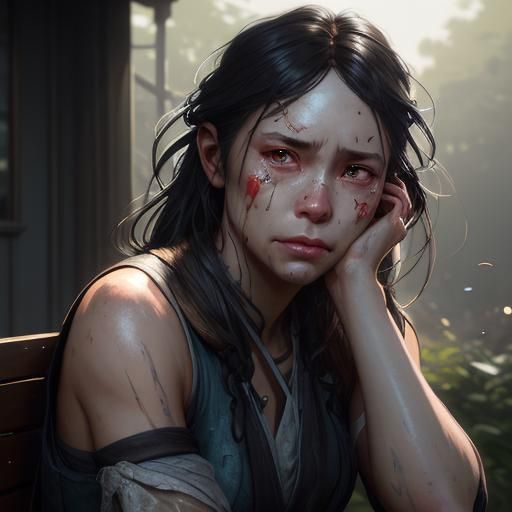 Sad Little Girl Portrait in Art Nouveau Style