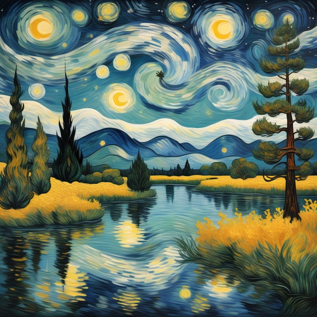 Starry Night Landscape in Van Gogh Style with Cypress Trees
