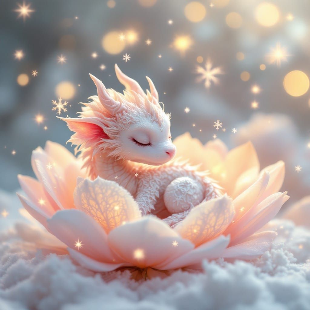 Pastel Baby Dragon in Winter Flower Paradise