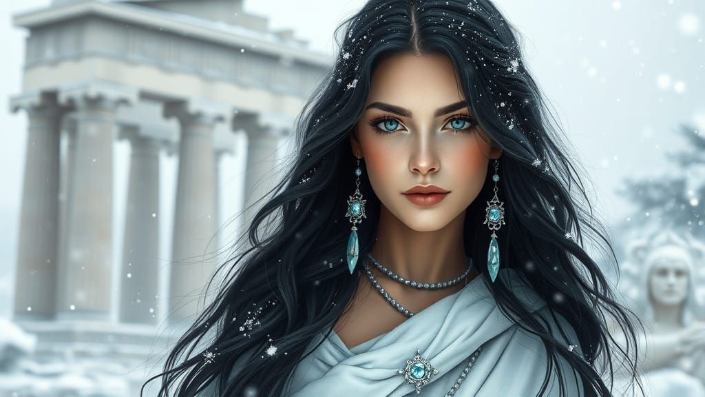 Ethereal Goddess of Winter in Greek Temple Ruins