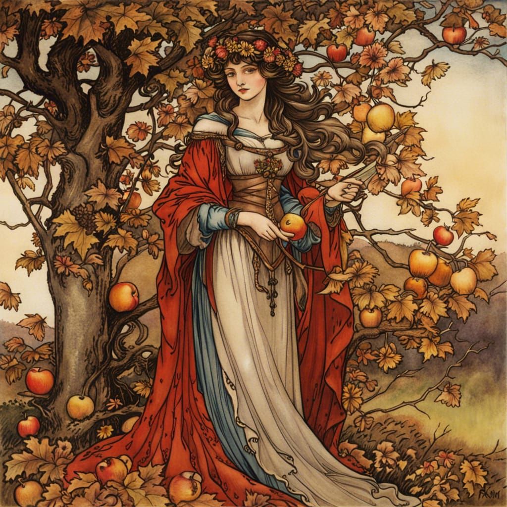 Medieval Maiden in Autumn Landscape, Rackham Style