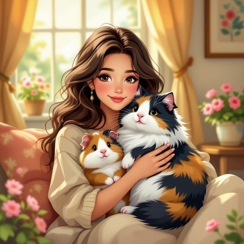 Capi Bara with Cat and Guinea Pig in Storybook Style