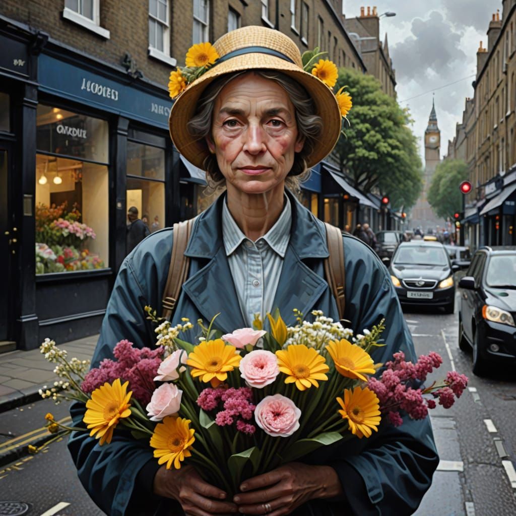 Ethereal London Flower Seller in Vibrant Mixed Media Poster ...