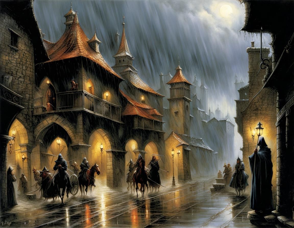 Gloomy Medieval Port City in Fantasy Style