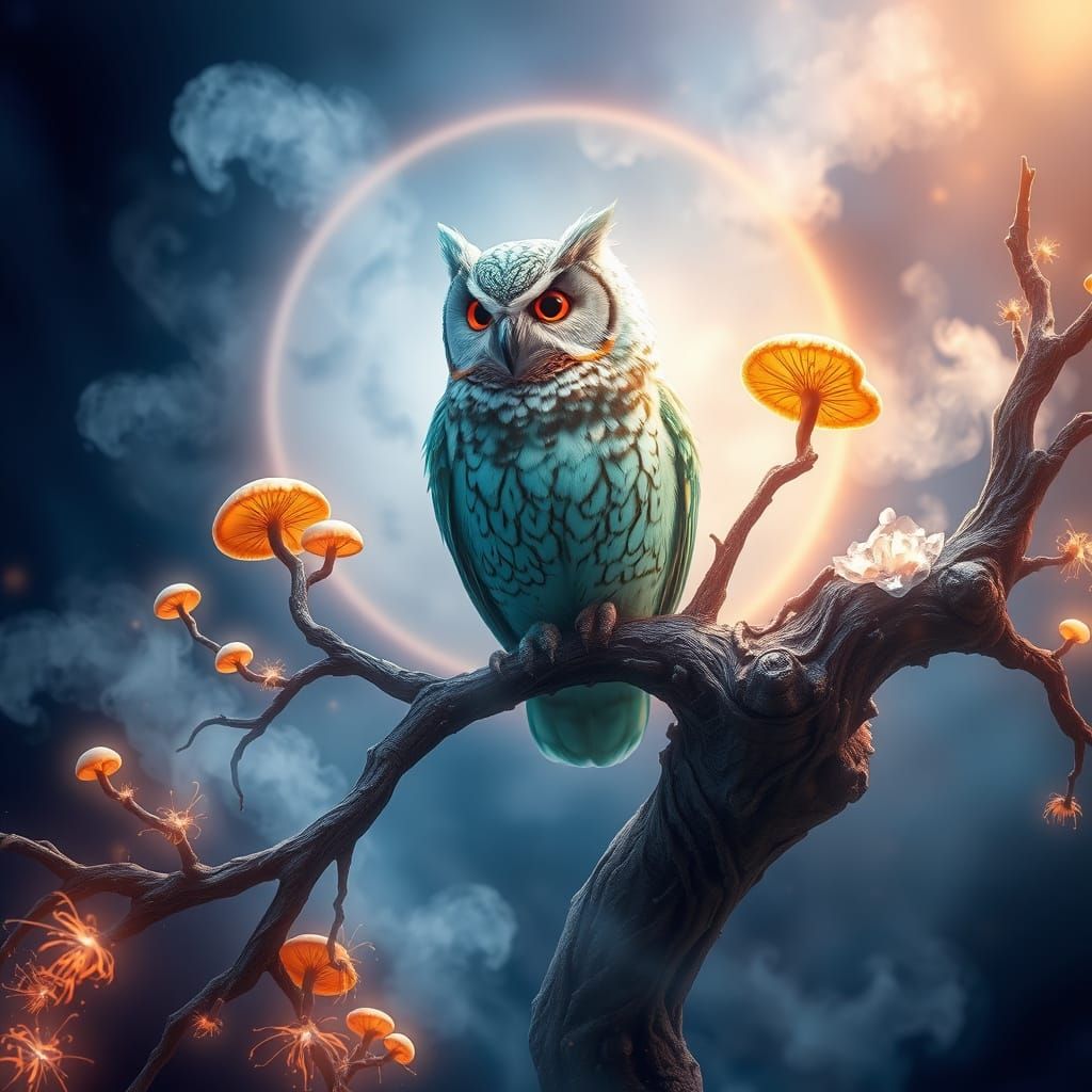 Mystical Owl Amidst Iridescent Fog
