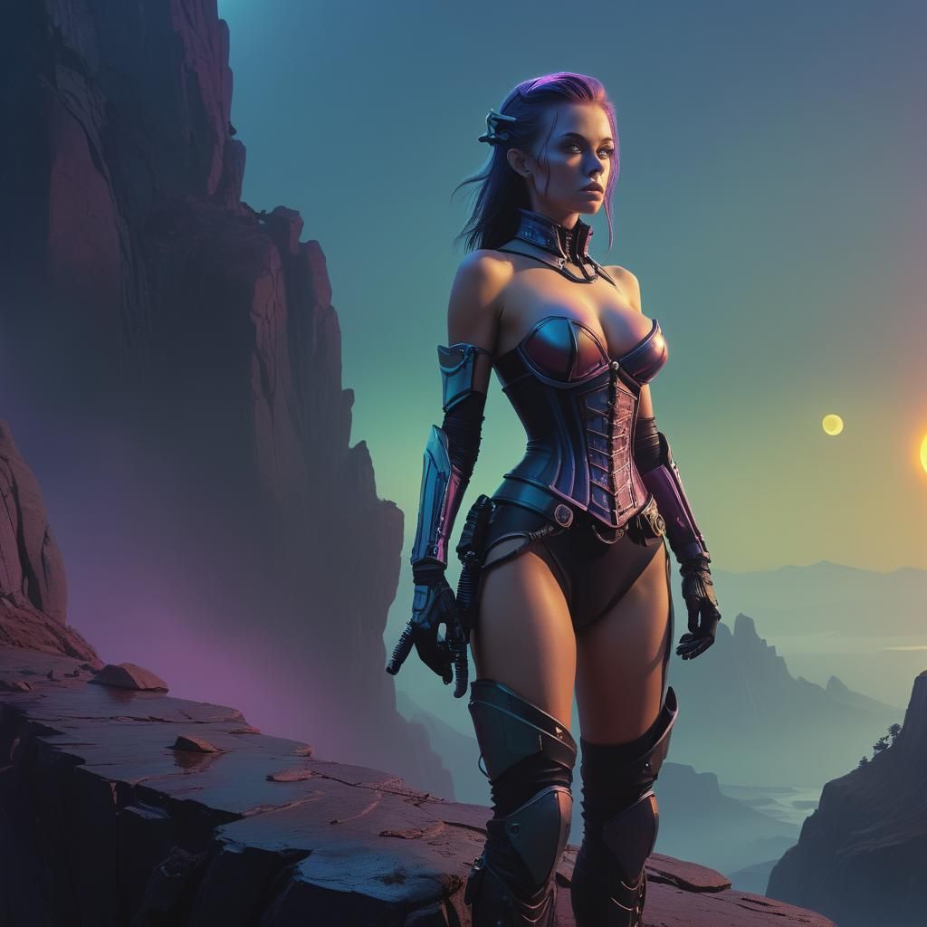 Alien Bounty Hunter on Moonlit Cliff in Digital Painting