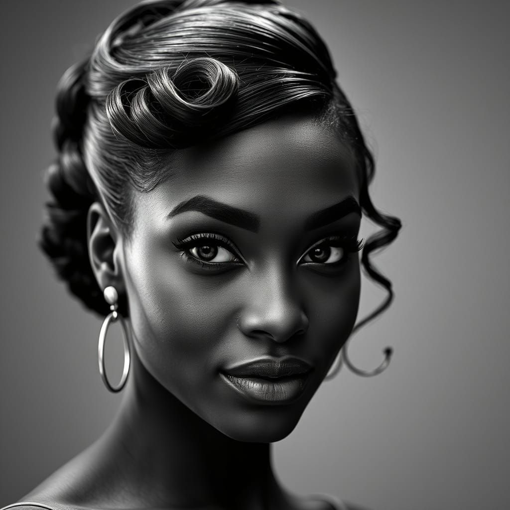 Elegant Black Woman in High-Contrast Black and White Portrai...