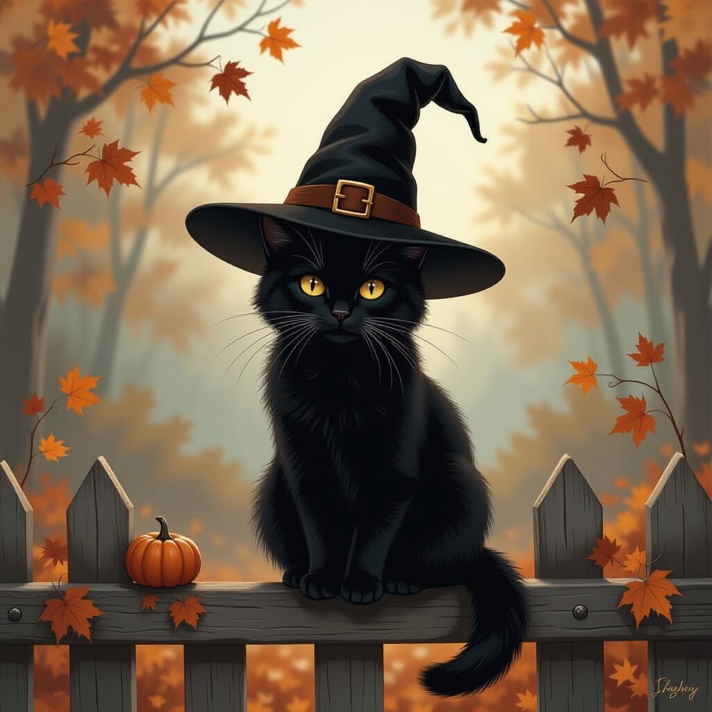 Black Cat in Witch Hat on Fence Autumn Halloween Art