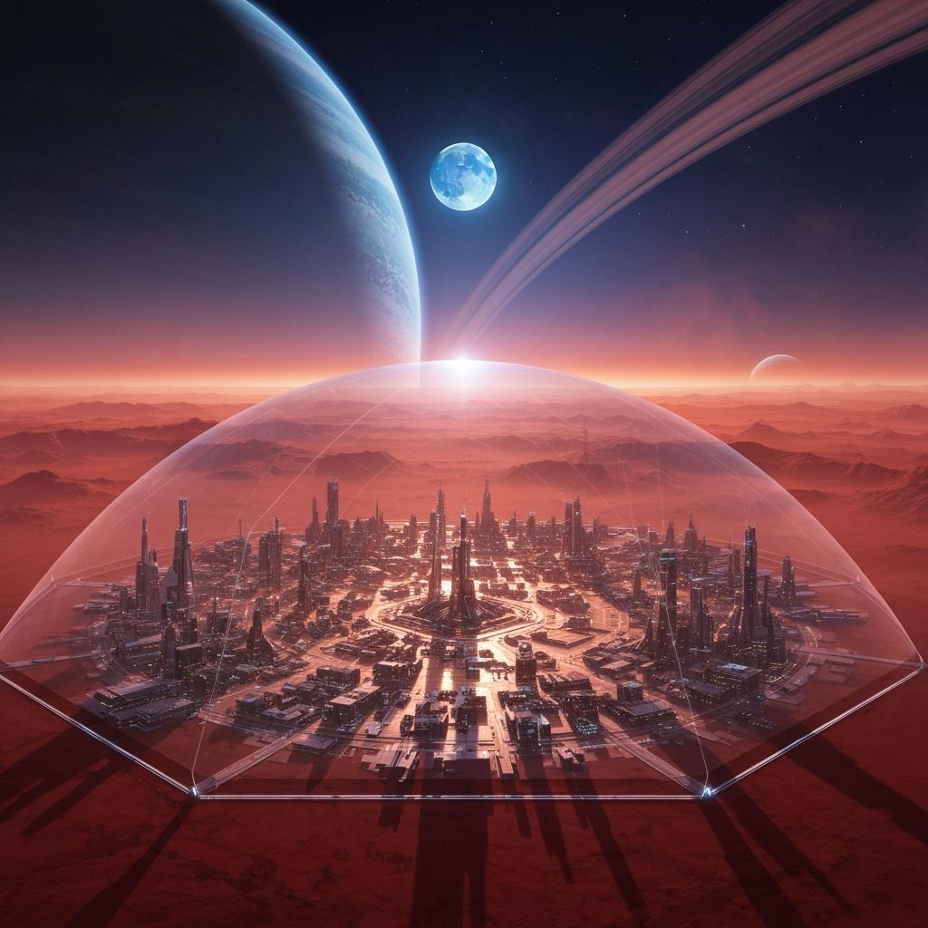Futuristic City Dome on Red Planet with Alien Rings
