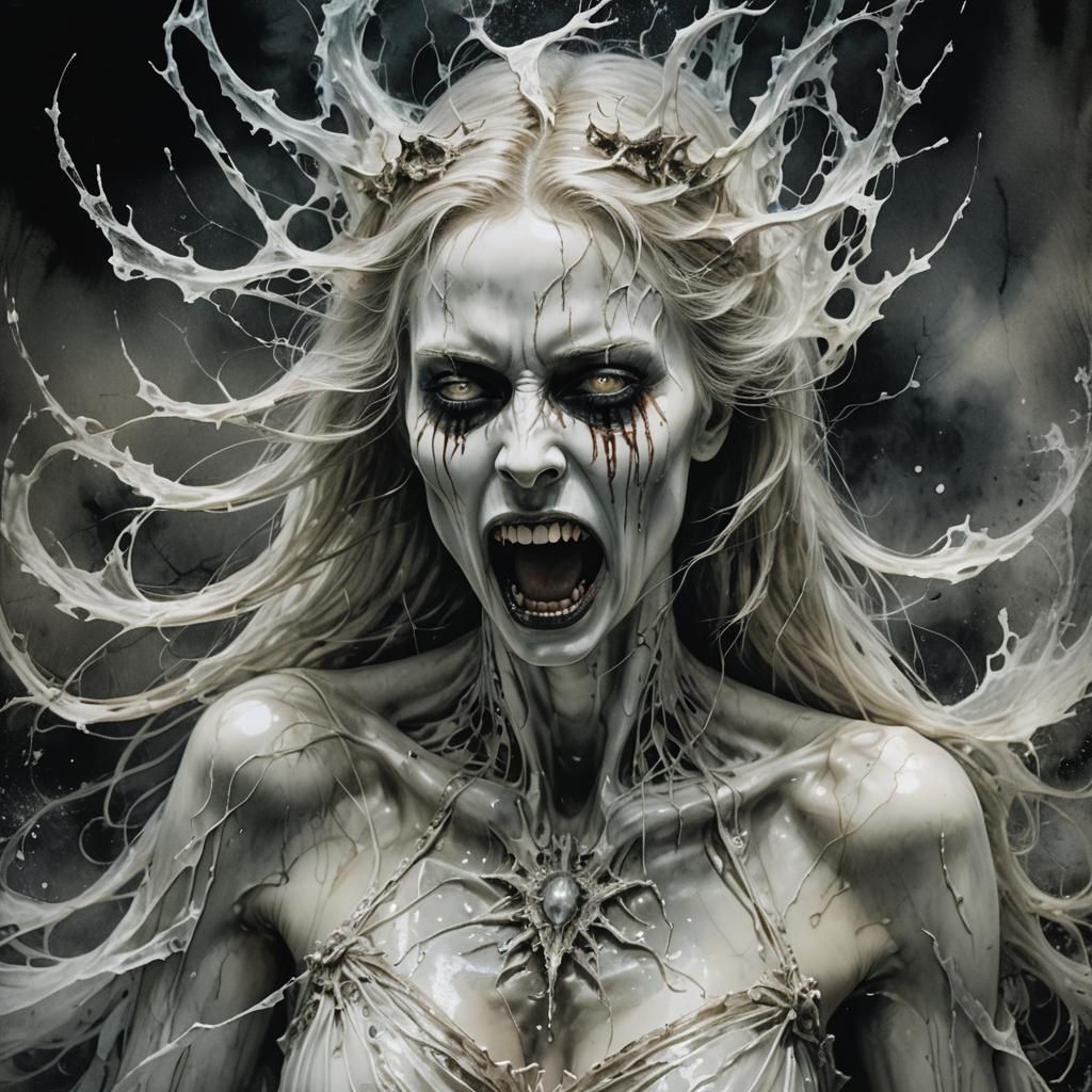 Cursed Banshee Screaming in Anguish, Watercolor Art