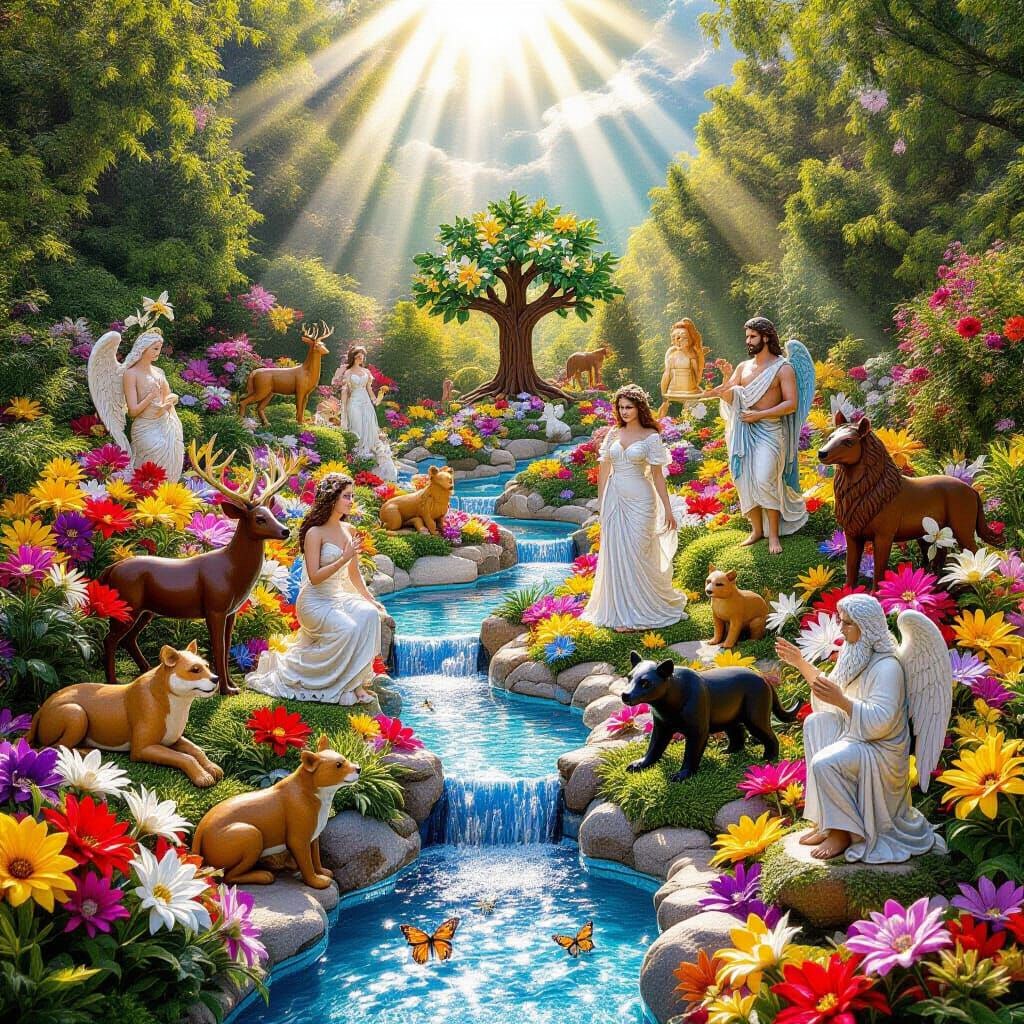 Vibrant Ceramic Glass Garden with Mythical Creatures and Fig...