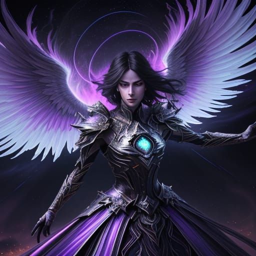 Spectral Angel in Fiery Battle Stance Amidst a Distorted Wor...