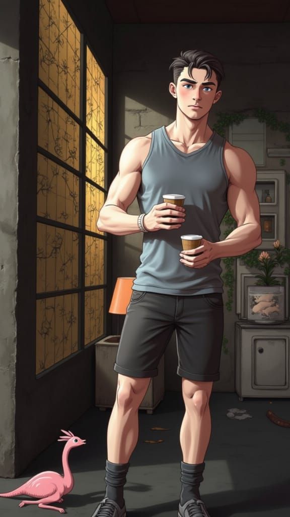 Ghibli-Inspired Young Hero with Chiseled Features and Pierci...