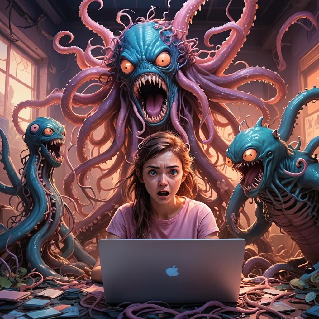 Monster Emerges from Laptop in Fantasy Art