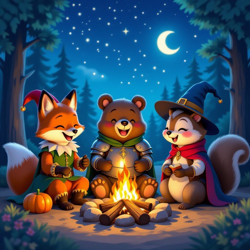 Whimsical Forest Animals Share Stories by Bonfire