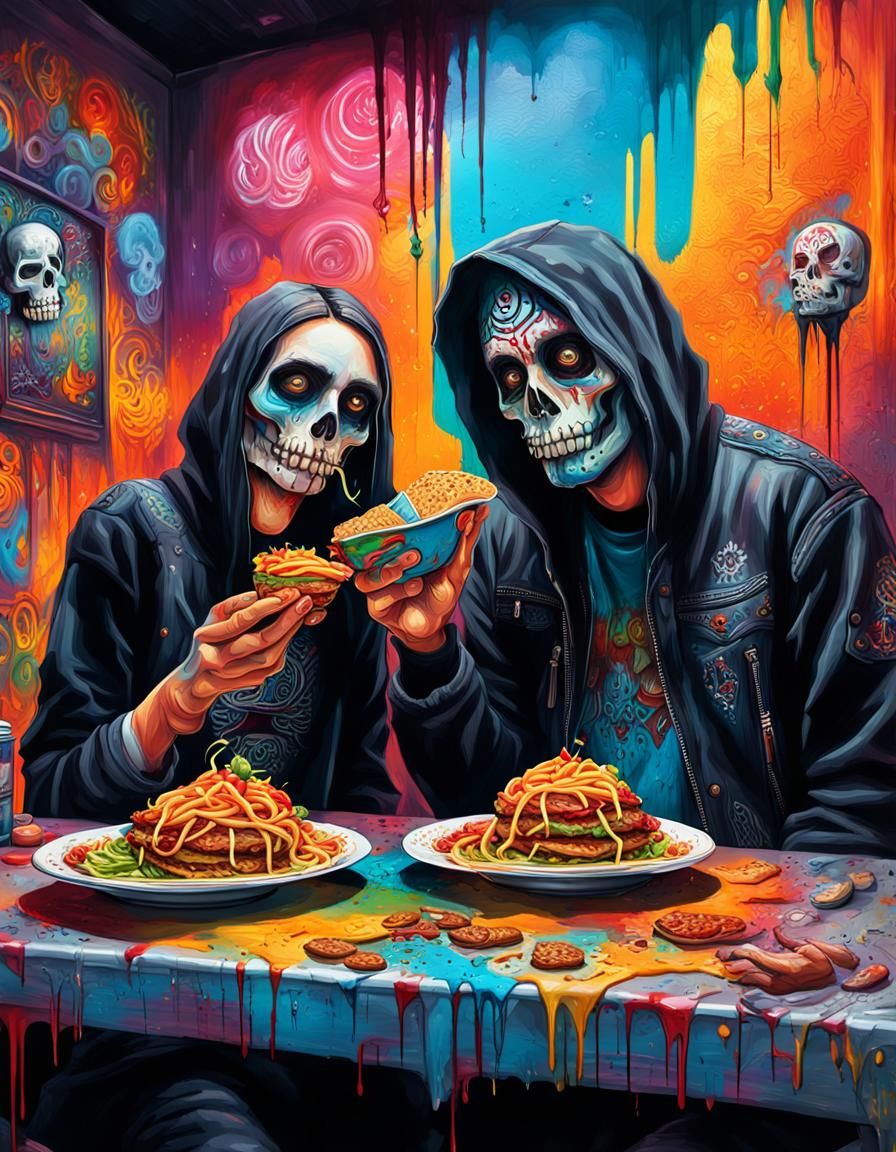 Gothic Couple Enjoying Mexican Food in Expressionist Street ...