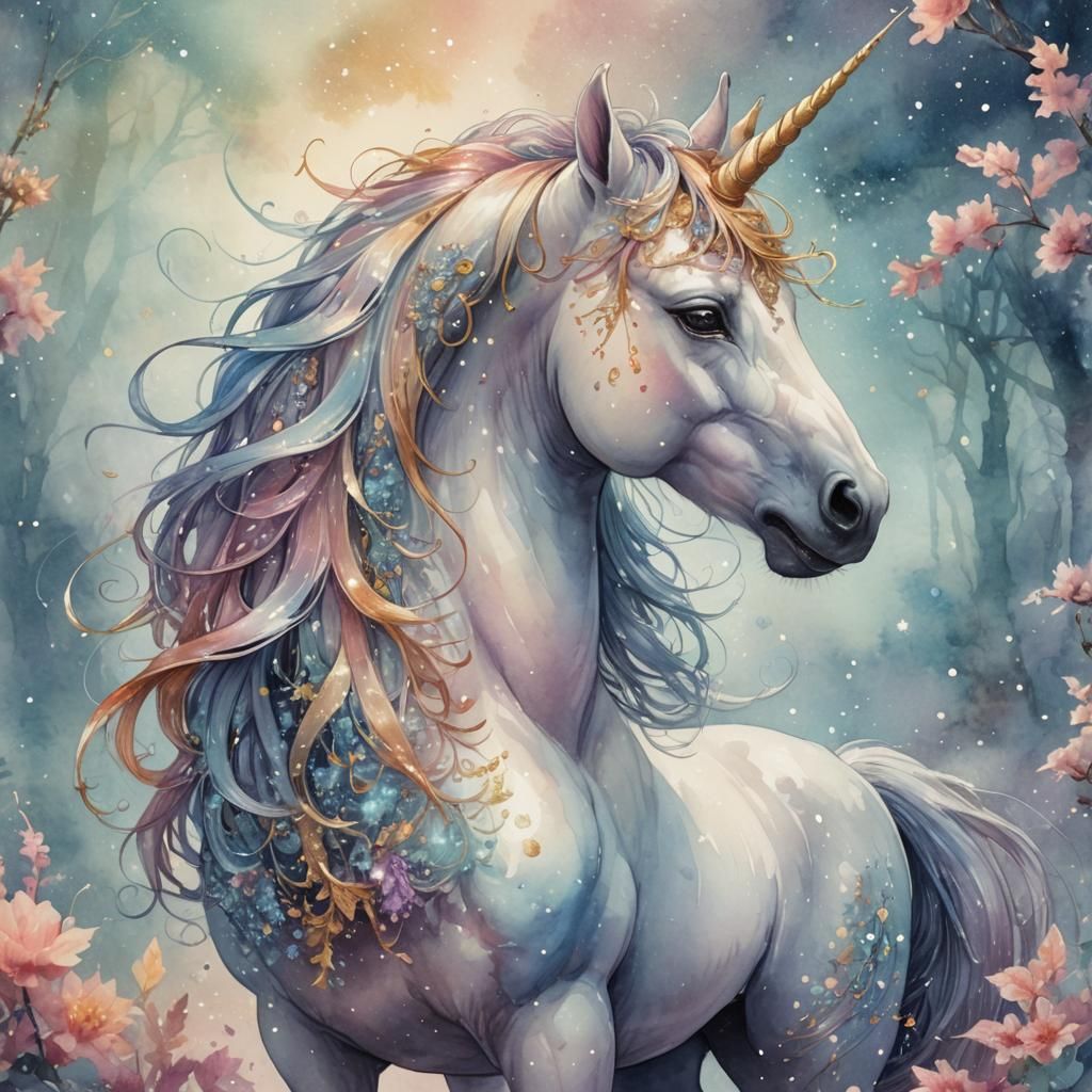 Ethereal Unicorn in Digital Watercolor Fantasy Illustration