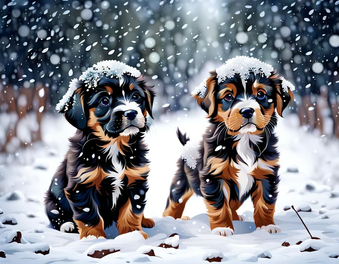 Cute Puppies Playing in Falling Snow