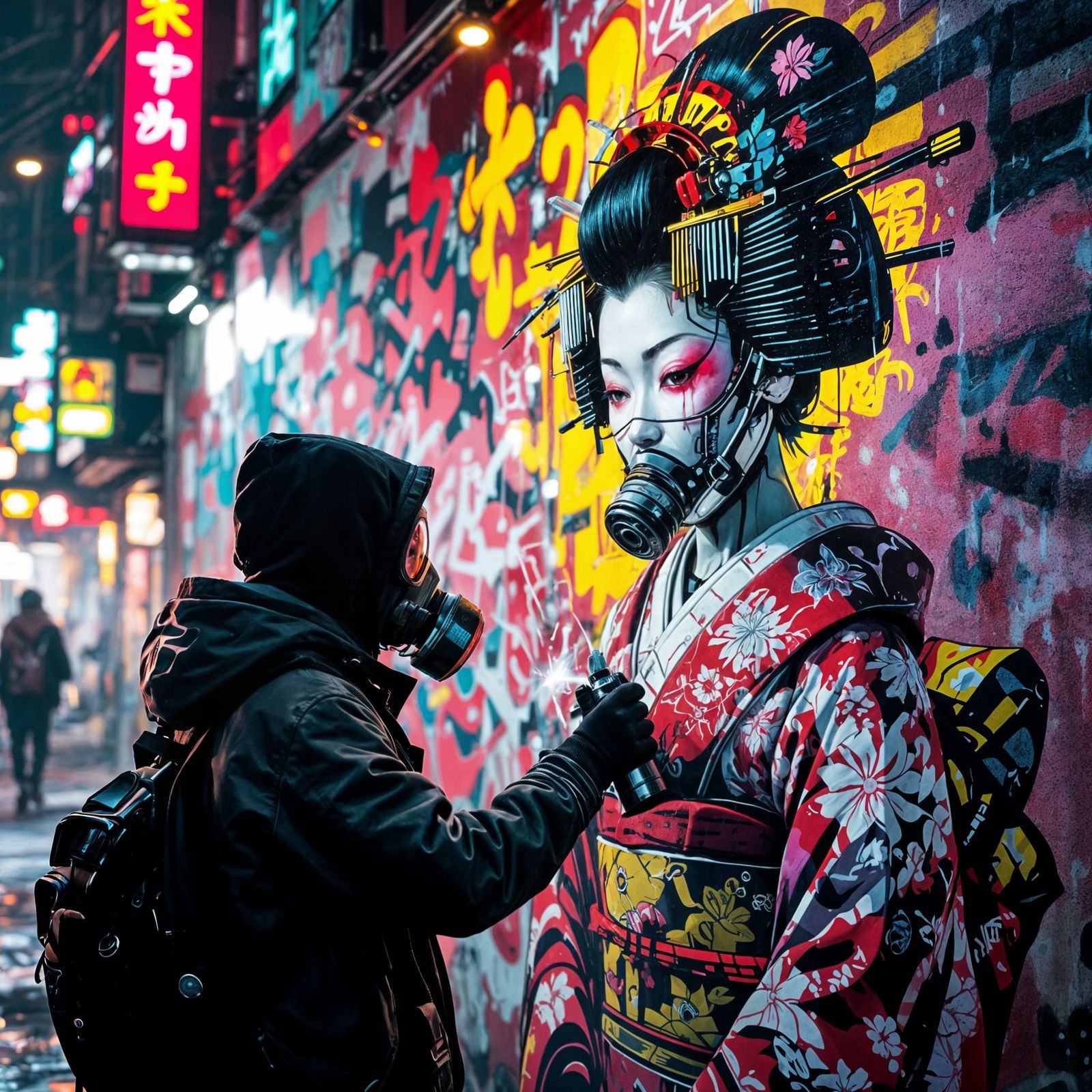 Cyberpunk Graffiti Artist in Dystopian City