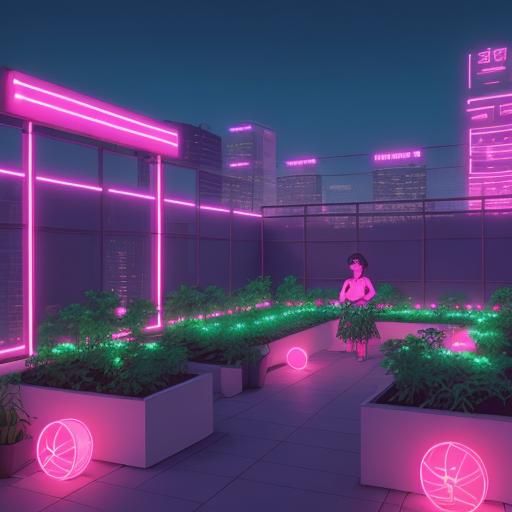 Synthwave Rooftop Garden in Neon Retro Style