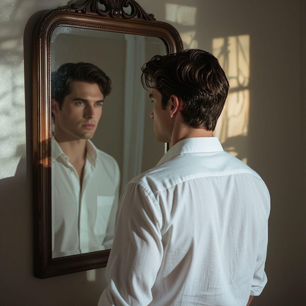 Man Gazing at Reflection with Cinematic Lighting