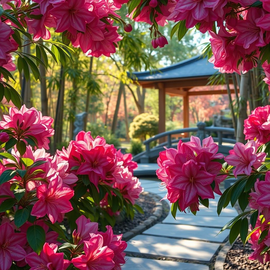 Hyperrealistic Japanese Garden with Rhododendrons